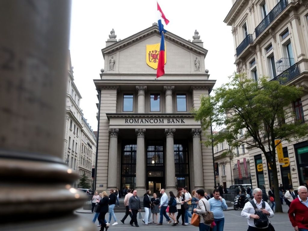 Clădirea BNR cu drapelul național în fundal.