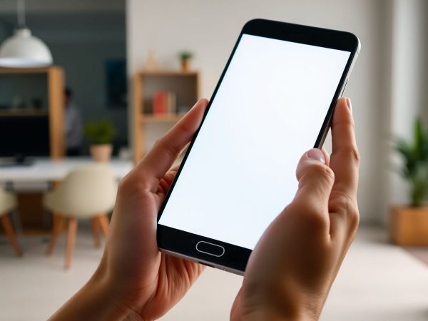 Mână ținând telefon, ecran luminos, fundal modern, bancă digitală.