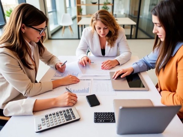 Birou modern cu profesioniști lucrând la documente financiare.