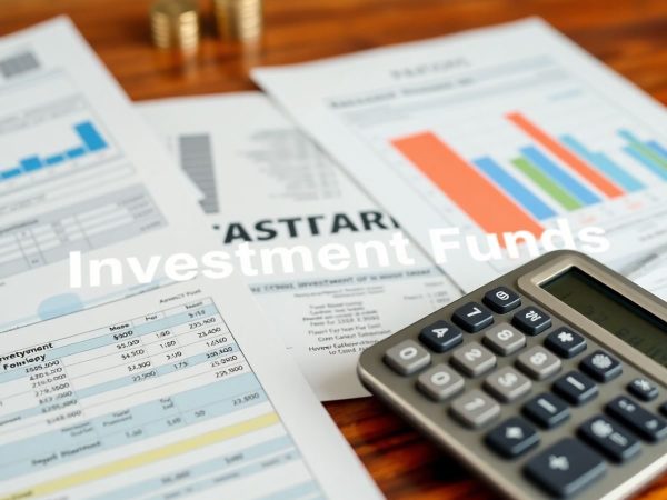Documente de investiții și un calculator pe birou.